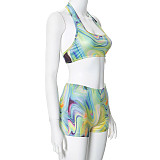 Sexy Halter Backless Crop Tank And Shorts Printed Sporty Suits MXXB-D24ST016