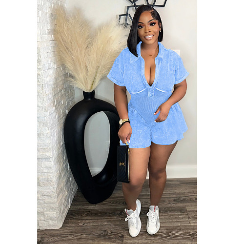 Short Sleeve Lapel V-neck Shorts Romper XRB-10086