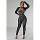 Fashion Hot Drilling Mesh Women Black Bodycon Jumpsuit BY-6788