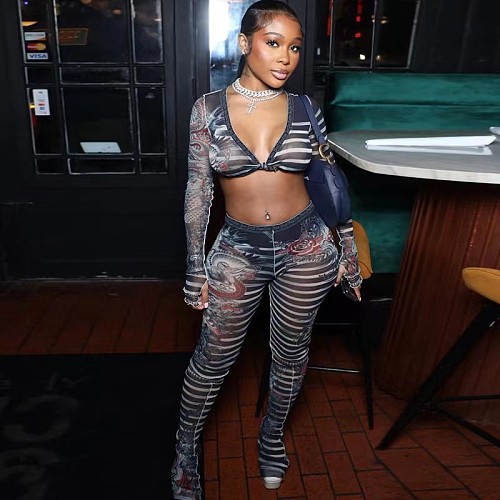 Sexy Low-cut Lace-up Crop Top And Long Pants Print Large Size 2 Pieces Sets YNS-2639