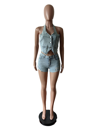 Sleeveless Halter Backless Denim Two Pieces Short Set MEM-88570