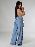 Women Twist Hollow Out Loose Straight Jeans CH-23112