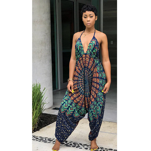 Boho Print Backless Casual Loose Harem Jumpsuits BN-9097
