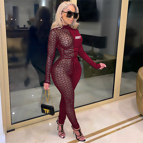 Sheer Mesh Patchwork Long Sleeve Sexy Jumpsuit CN-0074B1