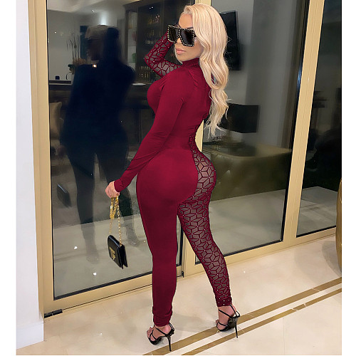 Sheer Mesh Patchwork Long Sleeve Sexy Jumpsuit CN-0074B1