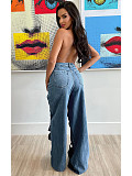 Women Twist Hollow Out Loose Straight Jeans CH-23112