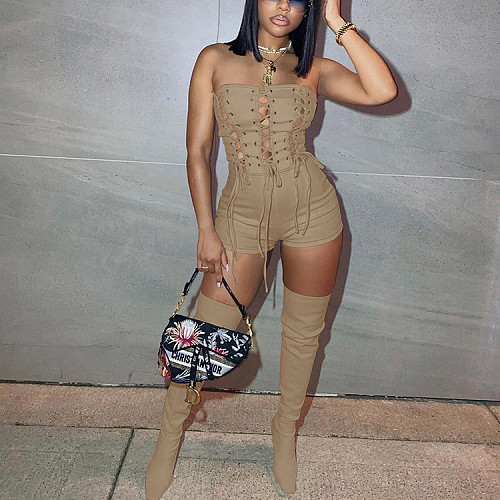 Sexy Strapless Lace-up Solid Color Women Romper GLS-10082
