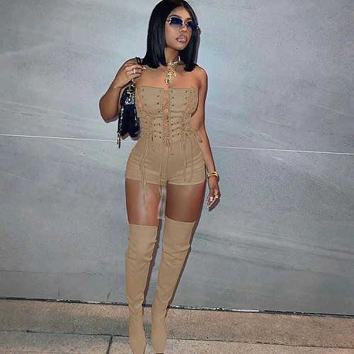 Sexy Strapless Lace-up Solid Color Women Romper GLS-10082