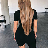 Women V-neck Short Sleeves Zipper Black Slim Romper PY-8590
