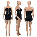 Sexy Strapless Lace-up Solid Color Women Romper GLS-10082