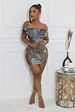 Sexy Off Shoulder Printed Women Package Hips Mini Club Dress SHANM-6185