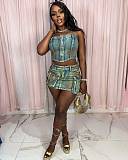 Sexy Strapless Halter Crop Top And Pockets Mini Skirt Denim 2 Pieces Sets MEM-88560