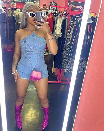 Women's Sexy Halter Backless Zipper Strech Denim Romper MEM-88575