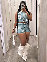 Stylish Women Lapel Sleeveless Strech Shorts Sets Two Pieces CH-88103