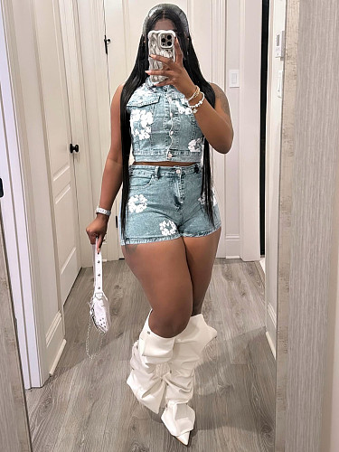 Stylish Women Lapel Sleeveless Strech Shorts Sets Two Pieces CH-88103