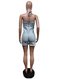 Women's Sexy Halter Backless Zipper Strech Denim Romper MEM-88575