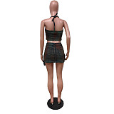 Sexy Strapless Halter Crop Top And Pockets Mini Skirt Denim 2 Pieces Sets MEM-88560