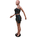 Sexy Strapless Halter Crop Top And Pockets Mini Skirt Denim 2 Pieces Sets MEM-88560
