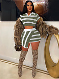 Women Stripes Knited Lapel Package Hips Mini Skirts 2 Pieces Set MDF-5399