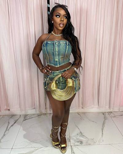 Sexy Strapless Halter Crop Top And Pockets Mini Skirt Denim 2 Pieces Sets MEM-88560