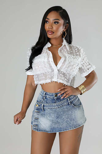 Casual Girls Middle Waist Button Pockets Denim Shorts LX-1382