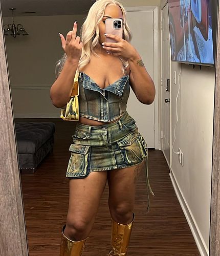 Sexy Strapless Halter Crop Top And Pockets Mini Skirt Denim 2 Pieces Sets MEM-88560