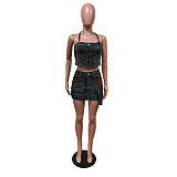 Sexy Strapless Halter Crop Top And Pockets Mini Skirt Denim 2 Pieces Sets MEM-88560