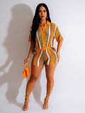 Women Hollow Out Turn-down Collar Stripes Knitted Shorts Sets ZS-0286