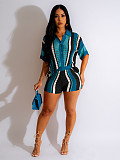 Women Hollow Out Turn-down Collar Stripes Knitted Shorts Sets ZS-0286