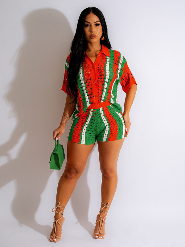 Women Hollow Out Turn-down Collar Stripes Knitted Shorts Sets ZS-0286