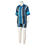 Women Hollow Out Turn-down Collar Stripes Knitted Shorts Sets ZS-0286