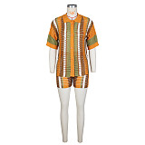 Women Hollow Out Turn-down Collar Stripes Knitted Shorts Sets ZS-0286