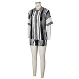 Women Hollow Out Turn-down Collar Stripes Knitted Shorts Sets ZS-0286