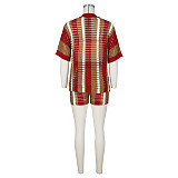 Women Hollow Out Turn-down Collar Stripes Knitted Shorts Sets ZS-0286