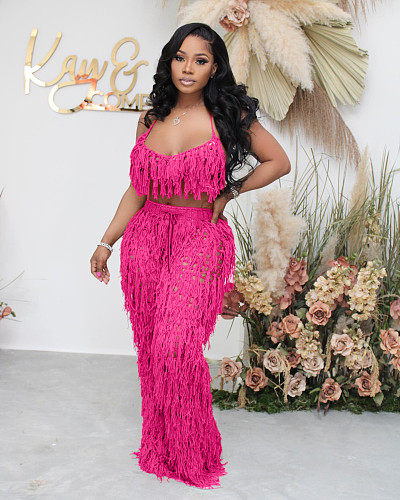 Sexy Backless Transparent Knitted Tassel Beach Long Pants 2 Pieces Sets NIYA-8115