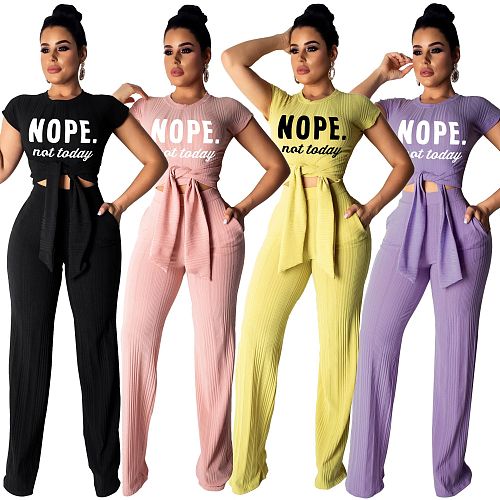 Short Sleeve Lace Up Crop Top Wide Leg Pants Suit YS-8852
