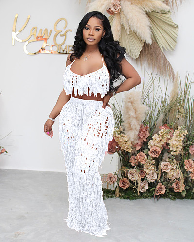 Sexy Backless Transparent Knitted Tassel Beach Long Pants 2 Pieces Sets NIYA-8115