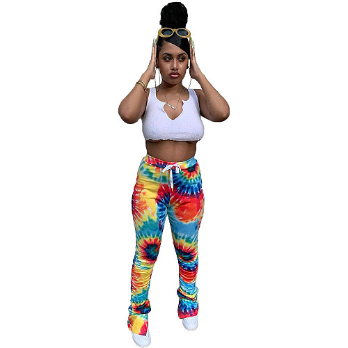 Tie Dye Skinny Lace Up Mid Waist Flare Pants FNN-8359