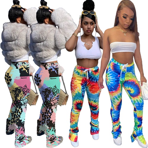 Tie Dye Skinny Lace Up Mid Waist Flare Pants FNN-8359