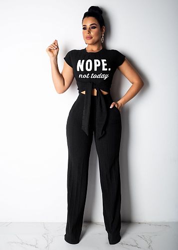 Short Sleeve Lace Up Crop Top Wide Leg Pants Suit YS-8852