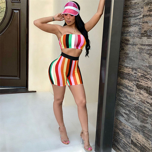 Striped Print Strapless Crop Top Biker Shorts Tracksuit CM-210