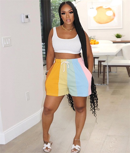 Rainbow Striped Streetwear Loose Shorts with Pockets SH-390309