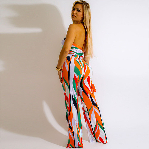 Print Halter Bandage Bra Top Wide Leg Pant Sets NY-7254