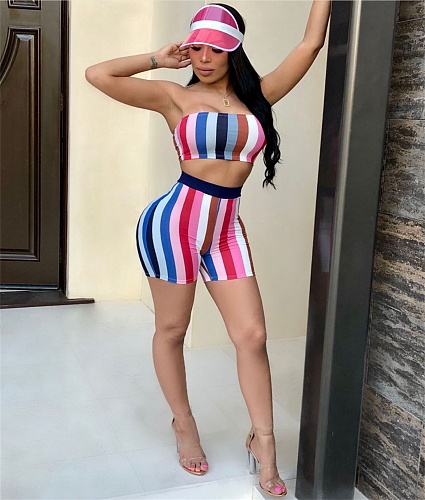 Striped Print Strapless Crop Top Biker Shorts Tracksuit CM-210
