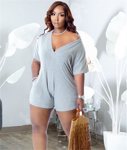Plus Size Short Sleeve V Neck Loose Casual Rompers CN-0184