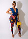Deep V Neck Bandage Top+Print Pants Matching Sets MDF-5303