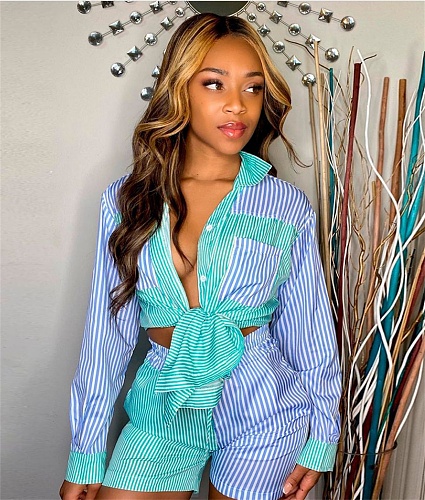 Striped Print Patchwork Long Sleeve Shirt Shorts Set QY-5271