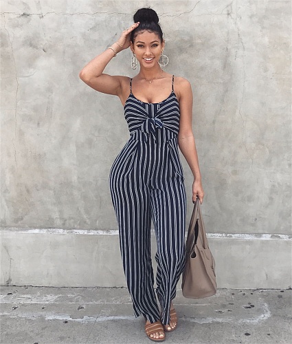 Striped Bow Casual Sleeveless Wide Leg Jumpsuits ZS-0473