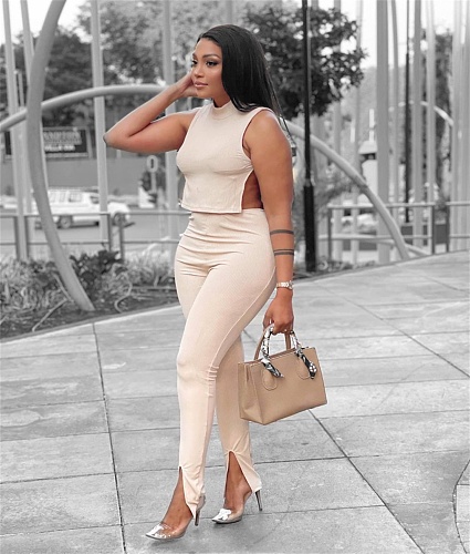Sleeveless Side Split Crop Top And Pants 2 Piece Sets JP-1068