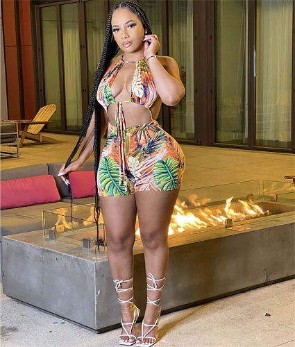 Leaves Print Bandage Backless Hollow Beach Rompers BGN-175